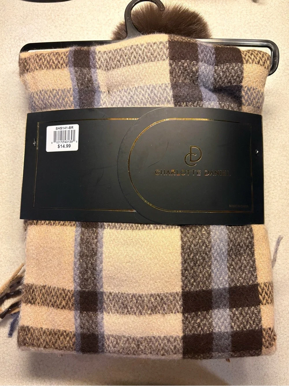 Charlotte Daniel Women’s Brown Pom Beanie & Plaid Scarf Set